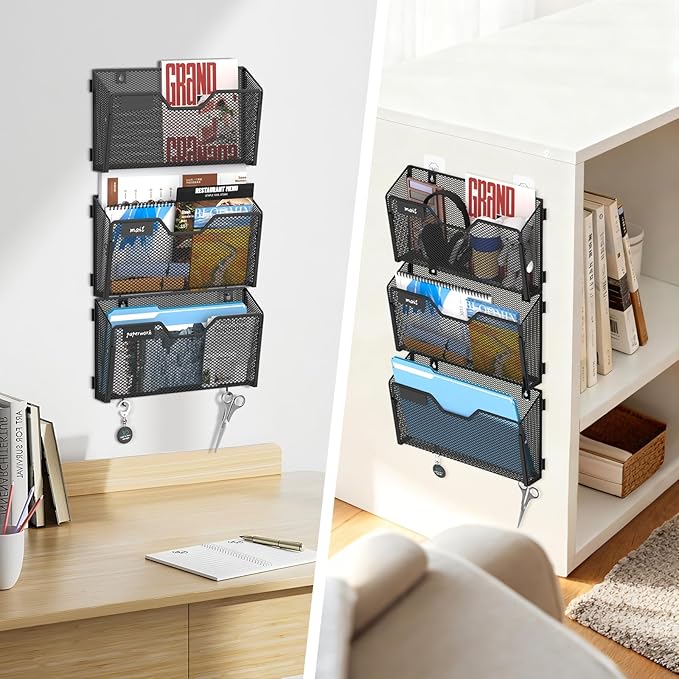 SUPEASY Wall File Organizer 6 Pack, Metal Mesh Wall File Holder with Hooks and Label Panel, Wall Mounted Mail Organizer for Office, Home, Classroom, Letter Size and A4 Files