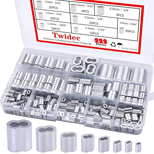 Twidec/222PCS 8 Sizes Aluminum Crimping Loop Sleeve M1.2-M6(3/64''-1/4'') Wire Rope Sleeve Cable Crimp Ferrules for Wire Rope and Cable Assortment Kit N-019-222PCS