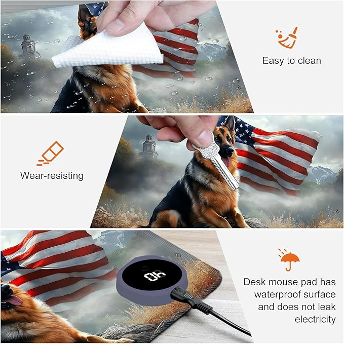 Heated Mouse Pad,Warm Desk Pad with 3 Levels Heating & 3 Hours Auto Shut-Off, PU Leather Heated Desk Pad Warmer Pad for Home Office - 31.5 x 13 inch,German Shepherd Flag