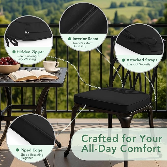 Outdoor Chair Cushions Set of 2: Waterproof & Fade Resistant Patio Furniture Cushions - 19 x 19 x 2 Inch Non Slip Round Corner Seat Cushion Pads with Removable Cover for Garden Yard Lawn, Black