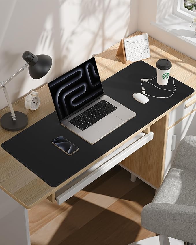 Large Desk Pad Mat - Waterproof Mouse Pad & Desk Protector, Non-Slip XL PU Leather Gaming Mat for Keyboard/Mouse, Stitched Edge with Ergonomic Support, 47"x17" (Black)