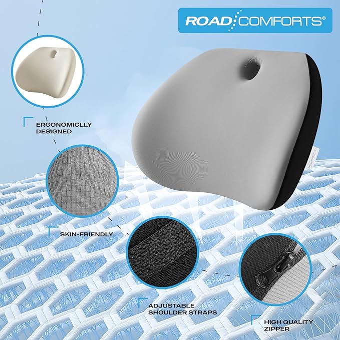 Road Comforts Memory Foam Lumbar Support Pillow – Ergonomic Back Cushion for Office, Car, Home & Travel – Lower Back Pain Relief, Removable Washable Cover (Gray)