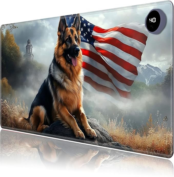 Heated Mouse Pad,Warm Desk Pad with 3 Levels Heating & 3 Hours Auto Shut-Off, PU Leather Heated Desk Pad Warmer Pad for Home Office - 23.6 x 14.2 inch,German Shepherd Flag