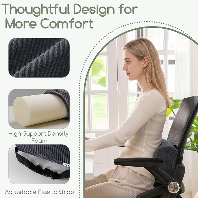 Lumbar Roll Lumbar Support Pillow for Office Chairs, Cars, and Gaming Chairs, Back Cushion with Washable Cover & Adjustable Strap to Relieve Back Pain and Improve Posture, 15"x6"x5", Dark Grey