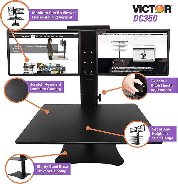 Victor High Rise Collection Dual Monitor Sit-Stand Standing Desk Converter, 28" by 23" by 15.5", Black