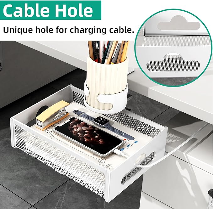 CABTE Desk Cup Holder with Drawer Organizer, Anti-Spill Clip-On Table Cup Hook with 360° Rotation Hidden Storage Box for Office Home Gaming Table (White)