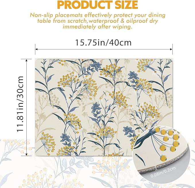 Spring Floral Washable Table Placemats - Summer Flower Faux Leather Heat Resistant Waterproof Wipeable Reusable Place Mat for Runners Kitchen Dining Tablemat Set of 4