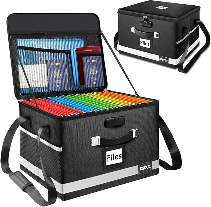 Upgraded Fireproof File Box with Stay-Open Straps, Fireproof Document Box with Lock, Portable File Organizer Filing Cabinet with Handles for Hanging Letter/Legal Folder, 15.5" x 12.3" x 10.5" | Fireproof