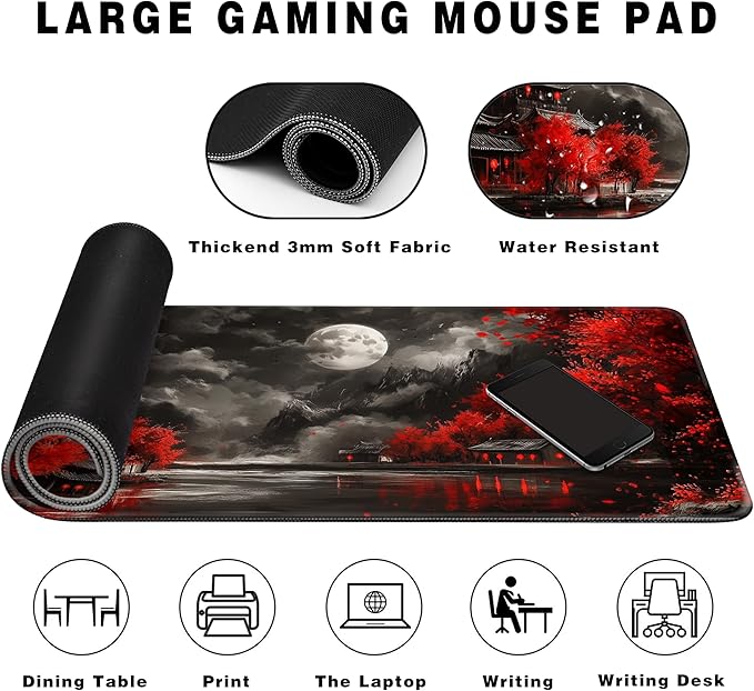 Long Gaming Mouse Pad Extended Anime Large Desk Pad with Non-Slip Base Full Keyboard Mat with Stitched Edges for Gaming and Office 31.5 x 11.8 inches (Dark Full Moon)