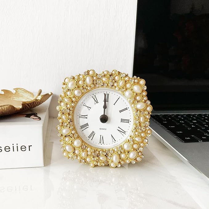 Silent Mini Vintage Analog Table Clock with Faux Pearls Metal Body and Battery Operated Non-Ticking Core for Shelf, Bedroom, Bedside, Desk, Gift Clock