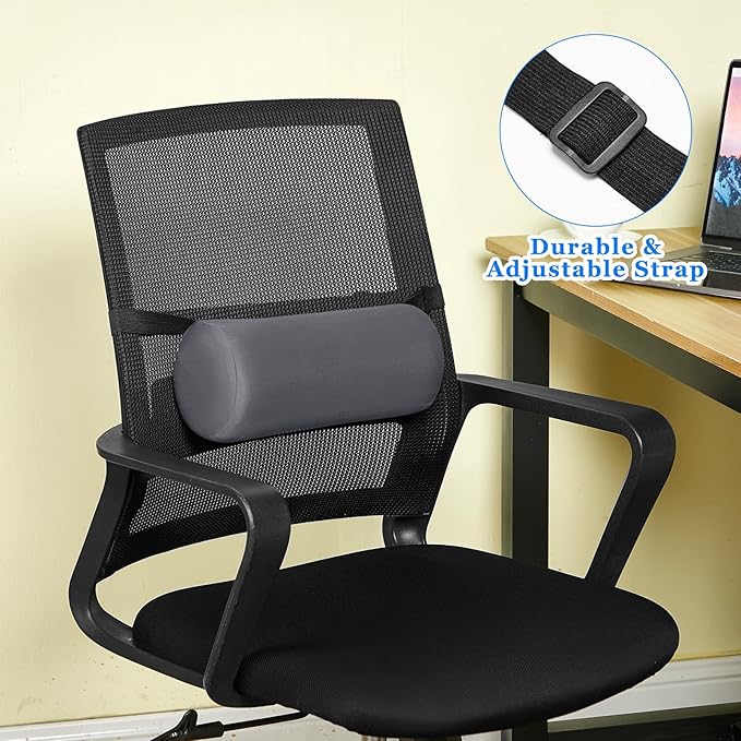 Wenqik 2 Pcs Lumbar Roll Support Pillow Low Back Lumbar Support Office Seat Cushion with Adjustable Strap and Washable Cover for Travel Gaming Chair Car Seat Pain Relief(Grey)