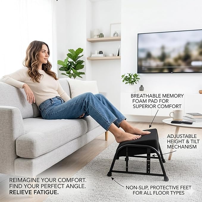 Under Desk Footrest with Memory Foam,Adjustable 10-Level Ergonomic Foot Rest for Office & Gaming Desk for Leg Rest,Reinforced Metal Frame,Non-Slip Base Extra Large（Black with Baseplate