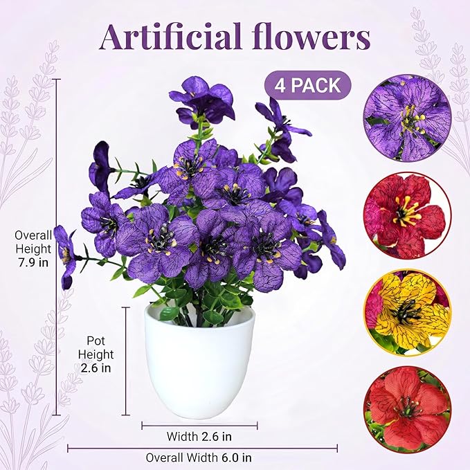 Small Artificial Flowers in Pots, Fake Potted Flowers, Mini Artificial Plants Indoor, Small Fake Flowers with Pot for Spring Decorations for Home, Office Desk, Table & Bathroom Decor