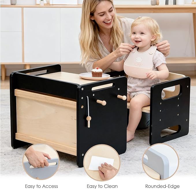 bpmfkid Montessori Weaning Table and Chair Set - Adjustable Design for Toddlers, Ideal for Mealtime, Learning, and Play, Black