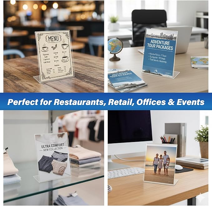 Azar 223238-3PK Anti-Glare Matte Clear Acrylic Sign Holders 8.5”W x 11”H – Portrait L-Shaped Frame for Tabletop, Counter Display – Side Loading, Durable Plastic Picture or Menu Frame (Pack of 3)