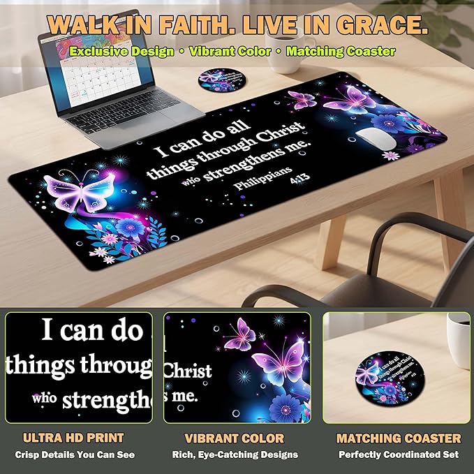 Extended Large Mouse Pad 31.5 x 11.8 Inches – AiLiTeck Premium Desk Mat Mousepad with Stitched Edges, Waterproof, Non-Slip Rubber Base for Office Home, Includes Coaster–Bible Verse Butterflies