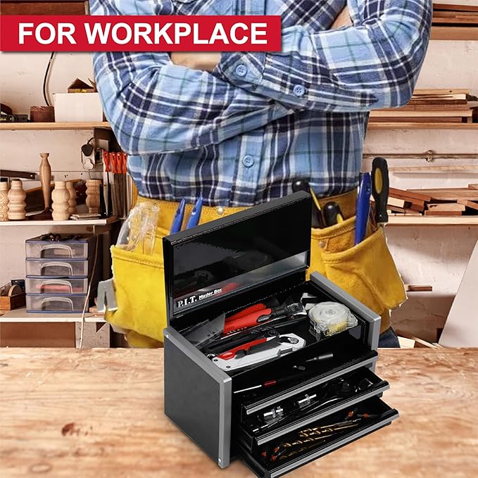 P.I.T. Mini Tool Box 8.6"W X 4.6"D, Portable 3 Drawer Steel Stackable Black Tool Box with Magnetic Tab Locking, Black Micro Top Chest with Liner for Tools Storage and Organizers, Home DIY