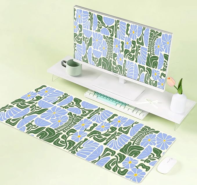 Vintage Blue Green Boho Floral Desk Mat, Abstract Geometric Botanical Large Gaming Mouse Pad with Non-Slip Base, Custom Aesthetic Mousepad for Desktop Decor, Laptop Computer Pad, 31.5x11.8 Inch
