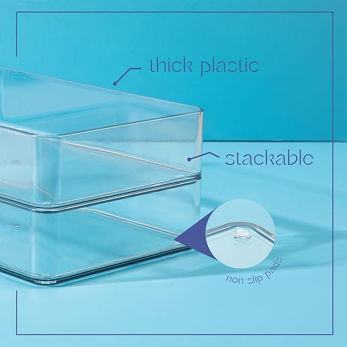primebox Plastic Clear Drawer Organizers. Bathroom, Kitchen, Bedroom, Nail Polish, Office Organizer Bins, Storage Trays. Heavy Duty, Stackable. 6" x 3" x 2" Set of 6