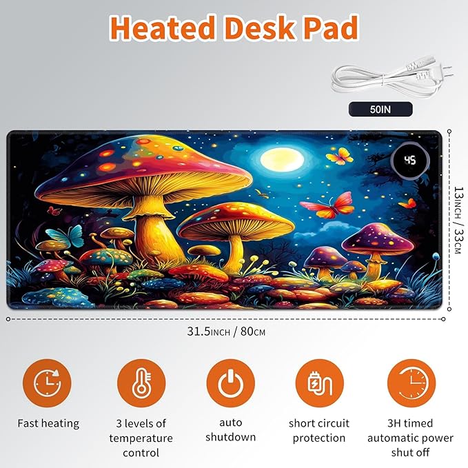 Heated Mouse Pad,Warm Desk Pad with 3 Levels Heating & 3 Hours Auto Shut-Off, PU Leather Heated Desk Pad Warmer Pad for Home Office - 31.5 x 13 inch,Beautiful Mushrooms