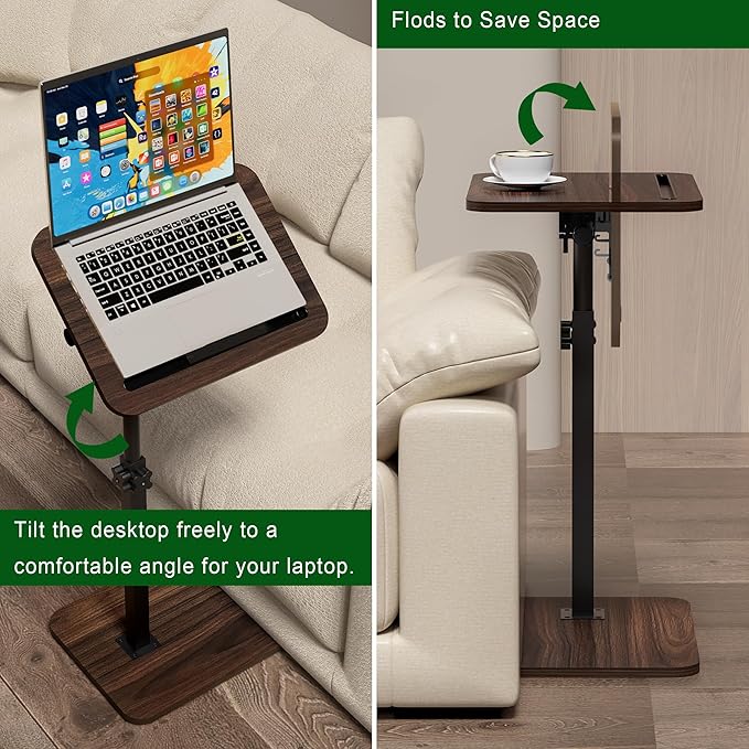 360° Swivel Sofa Side Table for Couch - Set of 2 - Adjustable Height Laptop Table for Work, TV Trays Table for Snacks Reading fits Bed Chair with Phone & Tablet Slot