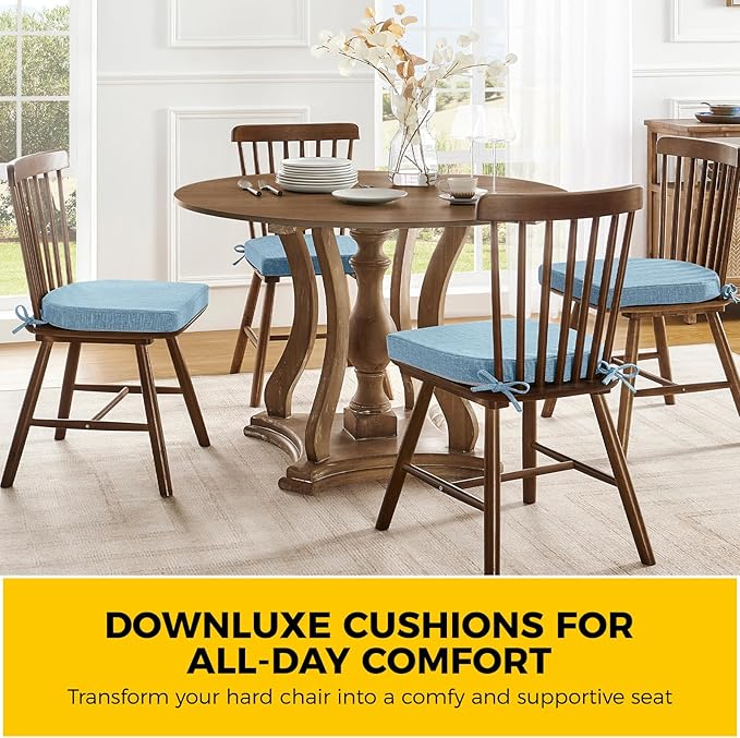 downluxe Indoor Chair Cushions for Dining Chairs, Soft and Comfortable Textured Foam Kitchen Chair Pads with Ties and Non-Slip Backing, 16" x 16" x 2", Light Blue, 6 Pack