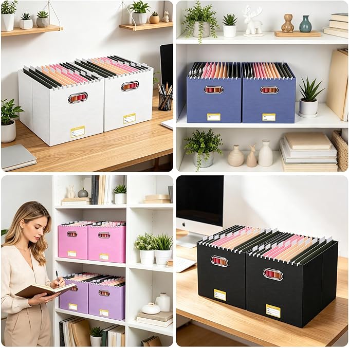 BALEINE File Organizer Box, Cardboard File Folder Organizer with Handle for Letter Size, Portable Collapsible Hanging Filing Box for Home Office Document Storage (8 Pack, Large Navy)
