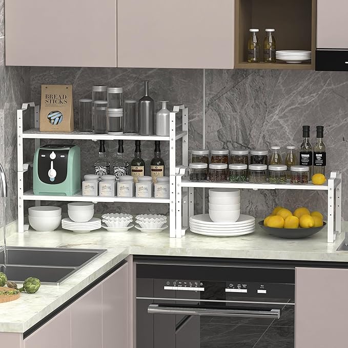 Jojocross Expandable Shelf for Cabinet Organizer Adjustable Stackable Spice Rack at Kitchen and Bathroom More, Counter Countertop Cupboard Organization Pantry Storage(3 Packs/White, Large)