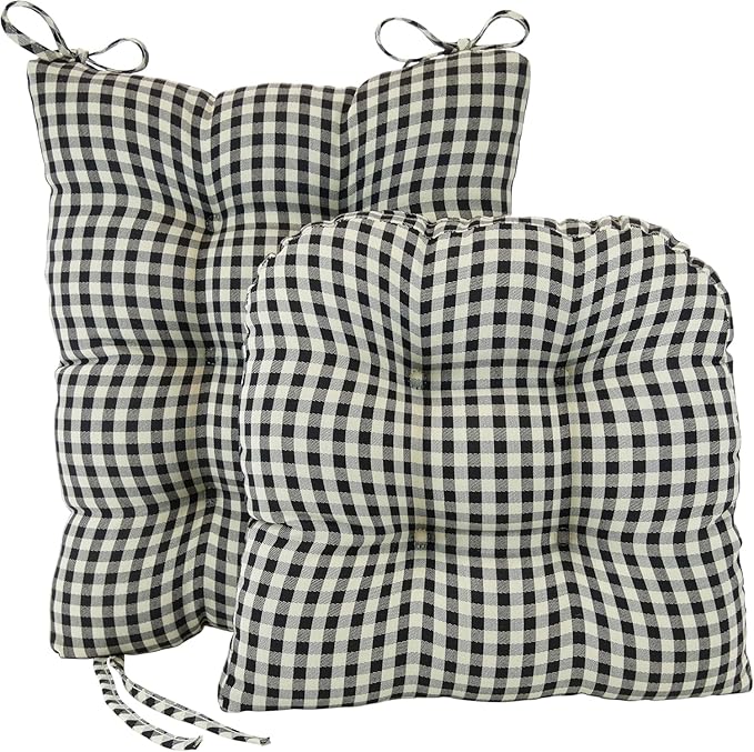 Klear Vu The Gripper Non-Slip Rocking Chair Cushion Set with Thick Padding, Includes Seat Pad & Back Pillow with Ties for Indoor Living Room Rocker, 17x17 Inches, 2 Piece Set, Gingham Black