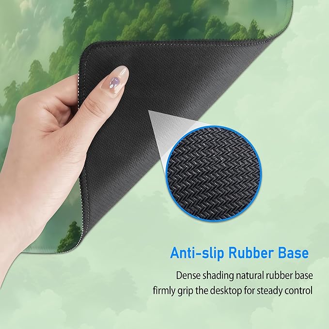 Green Forest Mouse Pad,Large Misty Mountain Nature Mousepad,Extended Gaming Gentle Aesthetic Office Desk Decor Mouse Mat with Non-Slip Base and Stitched Edge,31.5 x 12in