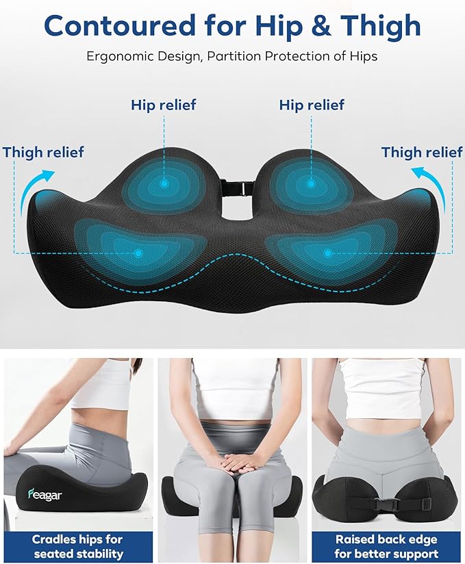Feagar Seat Cushion for Office Chair - Memory Foam Tailbone Cushion for Desk Chair, Car Seat and Wheelchair - Ergonomic Chair Pad for Hip and Lower Back Comfort - Washable Mesh Cover