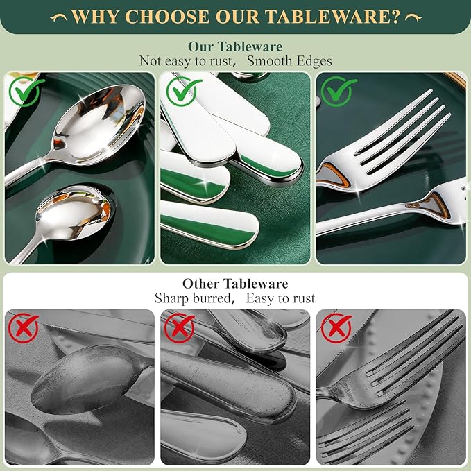 49-Piece Silverware Set with Bamboo Drawer Organizer, Heavy-Duty Stainless Steel Flatware Set for 8, Cutlery Sets with Steak Knives, Mirror Polished & Rust-Proof,Dishwasher Safe