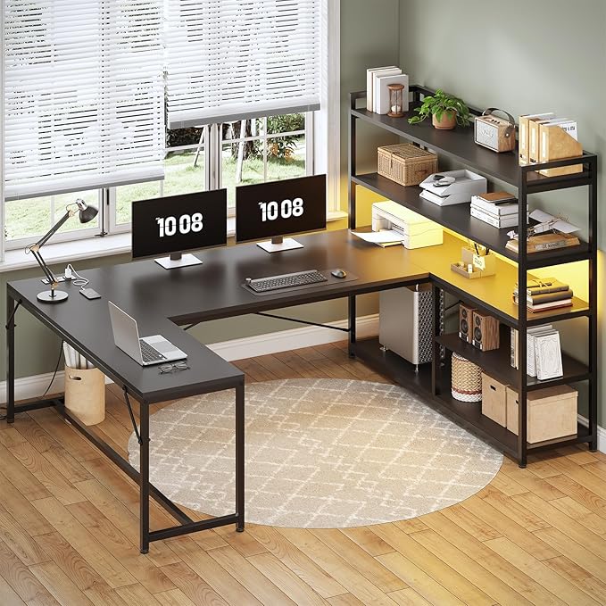 SEDETA L Shaped Gaming Desk, 63'' Reversible Computer Desk with Power Outlet and Storage Shelves, Corner Gaming Desk with LED Lights, Bookshelf for Home Office, Black