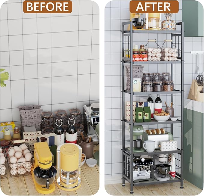 GIOTORENT 6-Tier Pantry Shelves with Wooden Boards, Heavy Duty Storage Shelves & Book Shelf, Adjustable Metal Shelving Unit for Kitchen Bathroom Laundry Organizer, Sturdy Rust-Resistant, Black