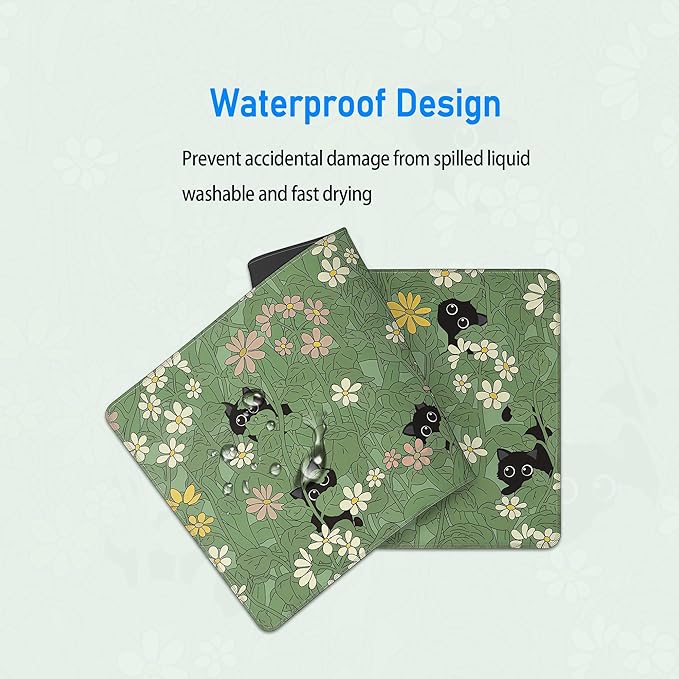Large Green Gaming Mousepad,Cat Cute Desk Decor Mat,Kawaii Black Cat Plant Aesthetic Extended Keyboard Mouse Pad with Non-Slip Base and Stitched Edge,31.5 x 12in