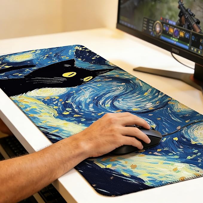 Large Gaming Mouse Pad Blue Starry Night Black Cat Desk Mat,Non-Slip Rubber Base Stitched Edges,Extended Mousepad for PC,Laptop,Office,Home Decor(31.5 x 11.8 Inch)