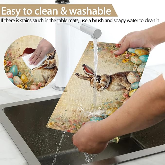 Easter Bunny Spring Placemats Set of 6 Linen Table Mats, 12x18 Inch Washable Placemats for Dining Table, Non Slip Heat Resistant Mats for Kitchen Home Decor