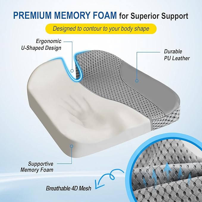 Lofty Aim Car Seat Cushion: Ergonomic Memory Foam Cushion for Driving and Long Drives, for Sciatica and Back Pain, Seat Pillow for Car, Truck, Office Chair, Home, Wheelchair - Gray