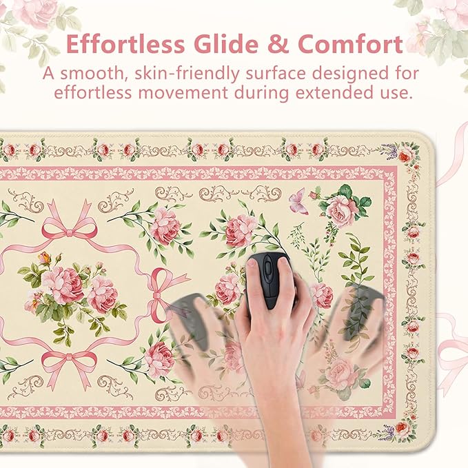 Beige Floral Boho Mouse Pad Large 35.4×15.7 Aesthetic Girly Desk Mat for Women Girls,Non-Slip Water-Resistant Pad for Home Office Gaming