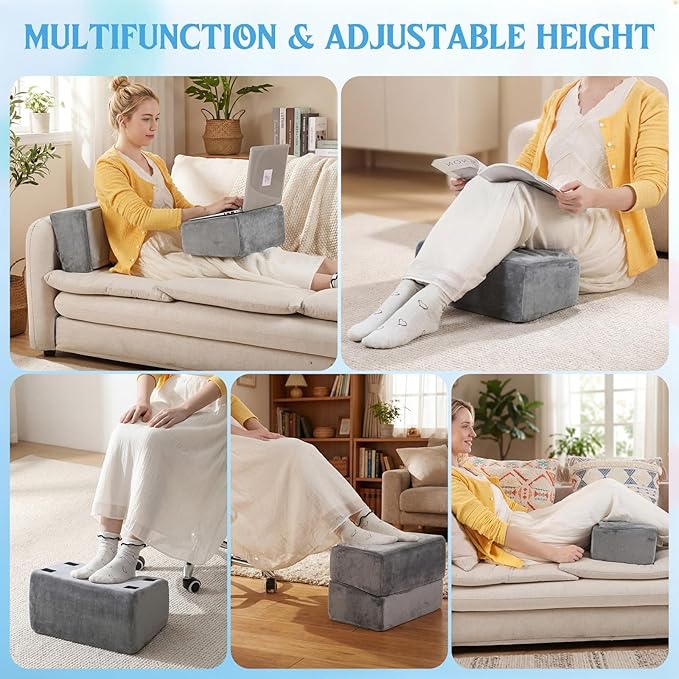 Novabright Foot Rest Under Desk, 3 Height Adjustable Ergonomic Foot Stool with Gel Textured Top and Cozy Pocket, Non-Slip Foam Footrest for Office Home Car(15" X 9" X 17.7",Parallel,Gray)