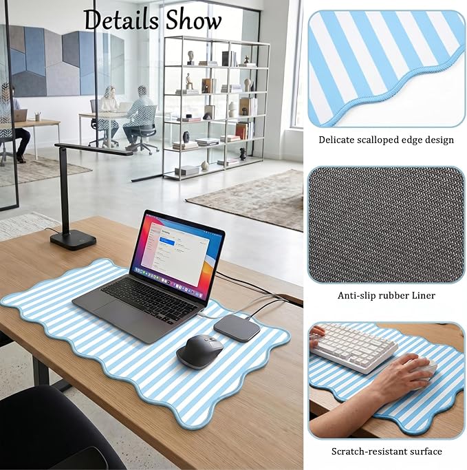Scalloped Desk Mat Extended Large Cute Striped Mouse Pad Big Desk Pad XXL Aesthetic Stripe Mousepad Gaming Mouse Pad for Keyboard Computer Laptop Home Office Accessories 35.4X15.7Inches Blue White