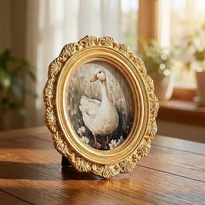 Farmhouse Duck Goose Round Picture Frame Wall Decor, Rustic Gold Mini Ornate Photo Frame for TableTop Desk 2.7in Photo,Vintage Framed Artwork for Walls Office Bedroom Cottage Shelf