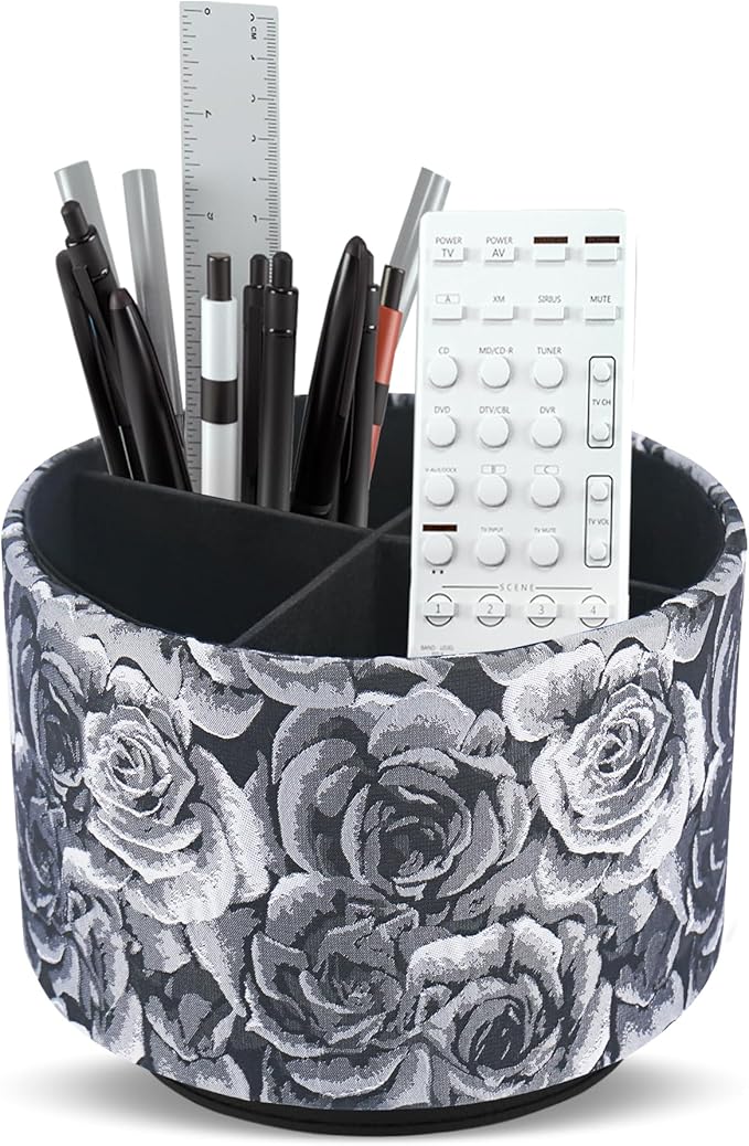 Round Leather Art Supply Organizer,Remote Control Holder,360 Degree Rotating,Multi-Functional Pencil Holder,4 Compartments Desktop Stationary Organizer(1-3D Black Grey)