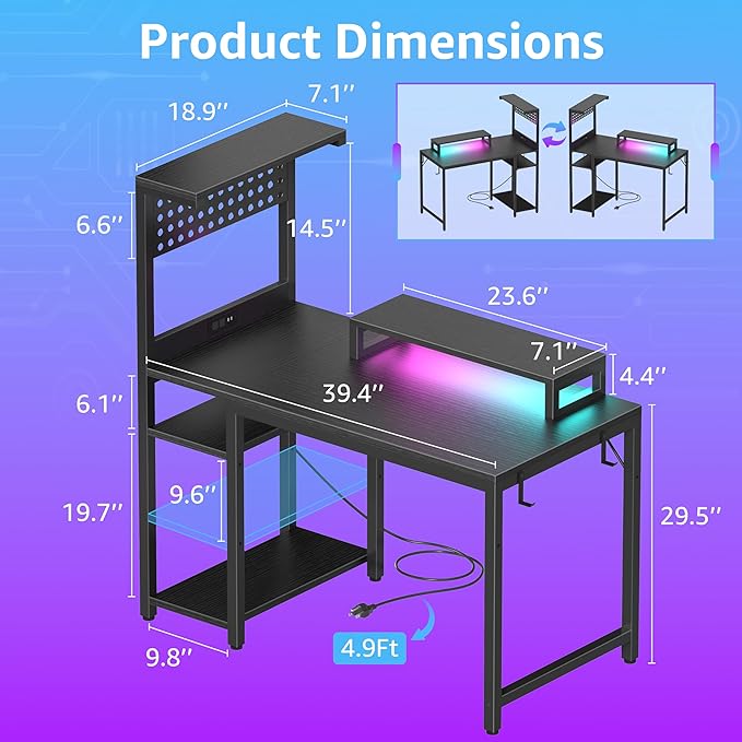 40 inch Small Gaming Desk with Pegboard Shelves Computer Desks with Led Lights Power Outlets PC Monitor Stand Reversible Storage Shelf Table for Bedroom Small Space, Black