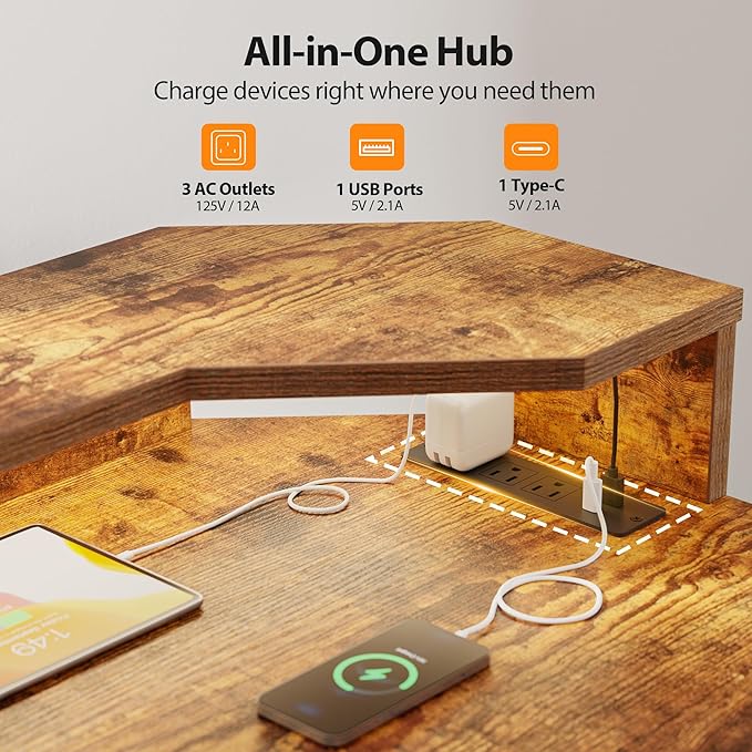 Agilestic 63 Inch L Shaped Electric Standing Desk with Shelf, Height Adjustable Large Desk with Power Outlets & LED, Corner Sit Stand Up Table with Monitor Stand, Computer Workstation, Rustic Brown