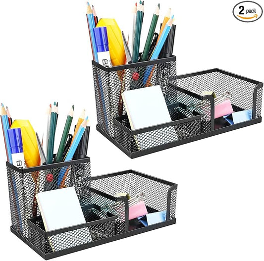 2 Pack 3 in 1 Mesh Pen Holder for Desk, 3 Compartments Pencil Holder Desk Organizer Caddy with Sticky Notes Holder Easy Storage Suitable for Home, Office and School