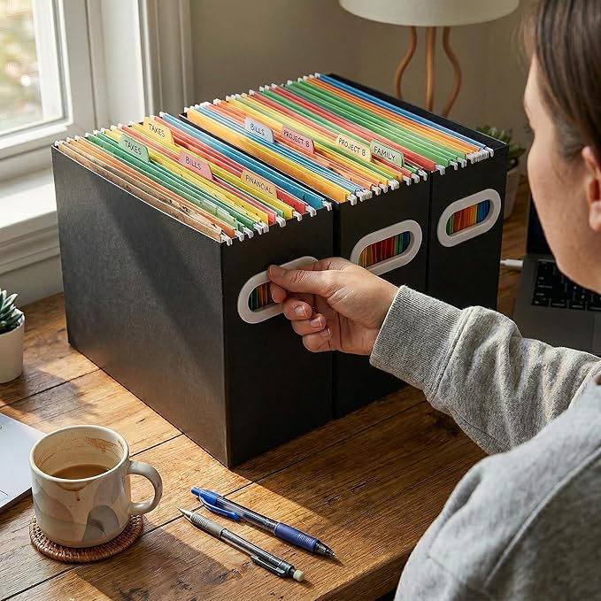 Hanging File Organizer Box, 6 Pack Black Cardboard File Folder Holder for Letter Size, Portable Desk Document Storage with Handles, for Office,Home,School