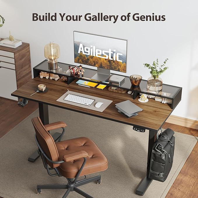 Agilestic 48 x 24 Inches Electric Standing Desk with Storage, Adjustable Height Sit and Stand Computer Table with Glass Shelf, Splice Board, Dark Walnut