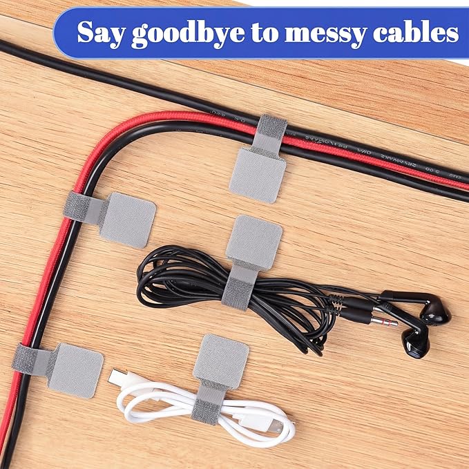 100 Pcs Hook and Loop Cable Ties, Self Adhesive Cable Management Under Desk Cable Straps, Adjustable Cord Organizer for Desk Home Office Organization (Grey)