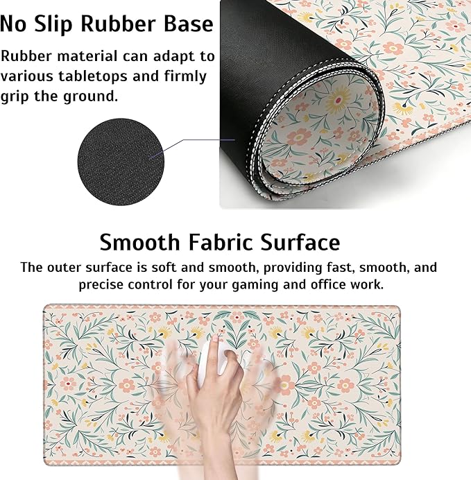 Large Gaming Mouse Pad Pink Floral Desk Mat,Non-Slip Rubber Base Stitched Edges,Extended Mousepad for PC,Laptop,Office,Home Decor(31.5 x 11.8 Inch)